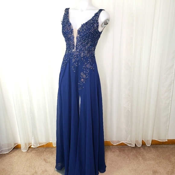 Blondie Nites Dresses & Skirts - Blondie Nites Stacy Sklar navy blue formal dress openback rhinestone high slit 5